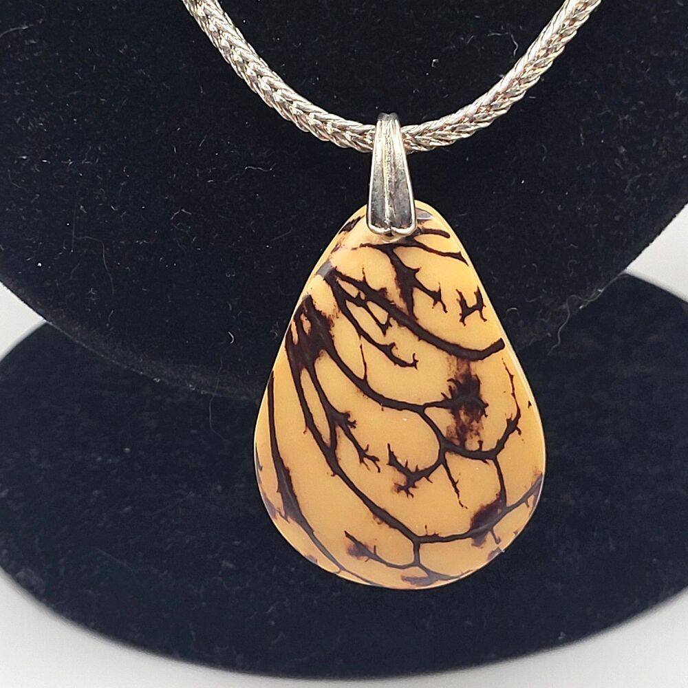 VIntage Tagua Nut Pendant Necklace Stainless Steel Snake Chain 16in